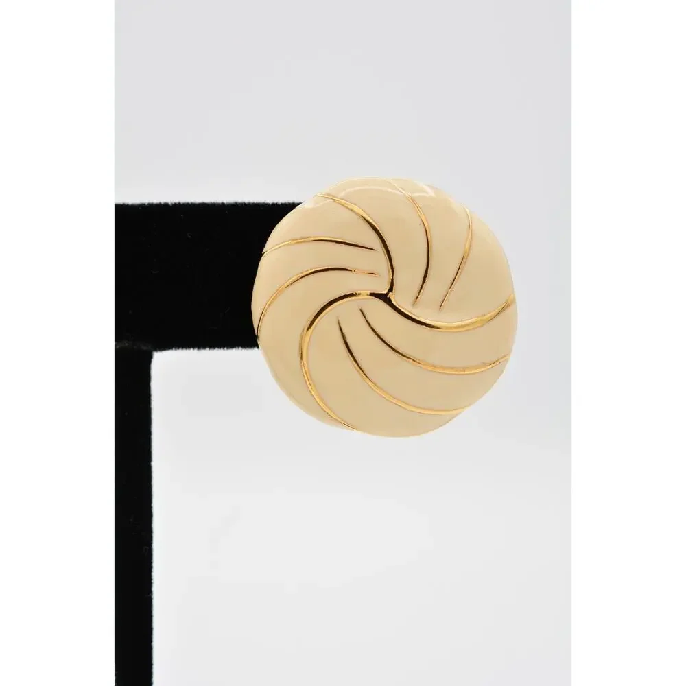 Napier Vintage Round Earrings Off White Enamel Stud Gold Tone Signed 1980s 9L